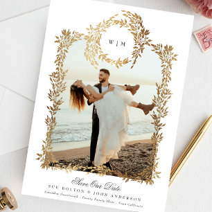 Save The Date Mariage de cadre photo Monogram Gold Botanical Wre