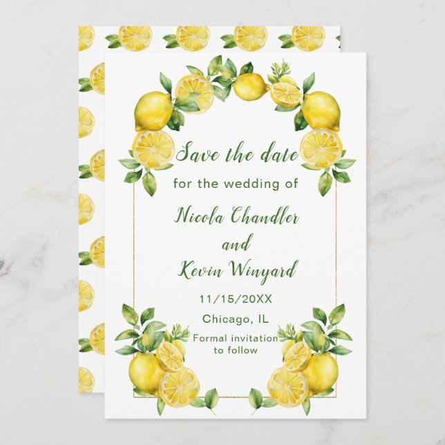 Save The Date Mariage de cadre vert citron italien (Devant / Derrière)