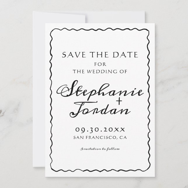 Save The Date Mariage de cadre Whimsical noir et blanc simple (Devant)