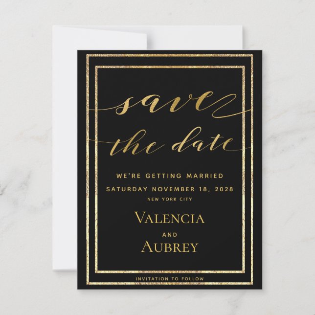 Save The Date Mariage de calligraphie de cadres noir et or (Devant)