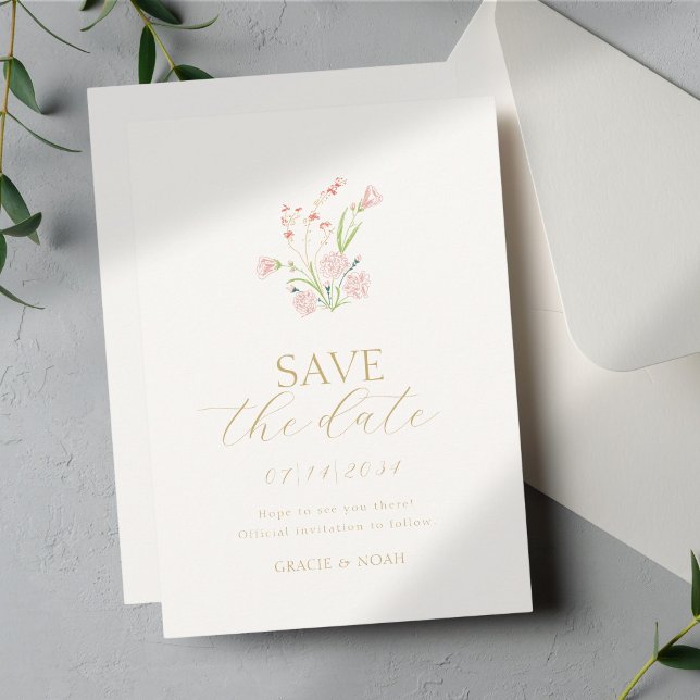 Save The Date Mariage de calligraphie Fleur sauvage en ivoire (Créateur téléchargé)
