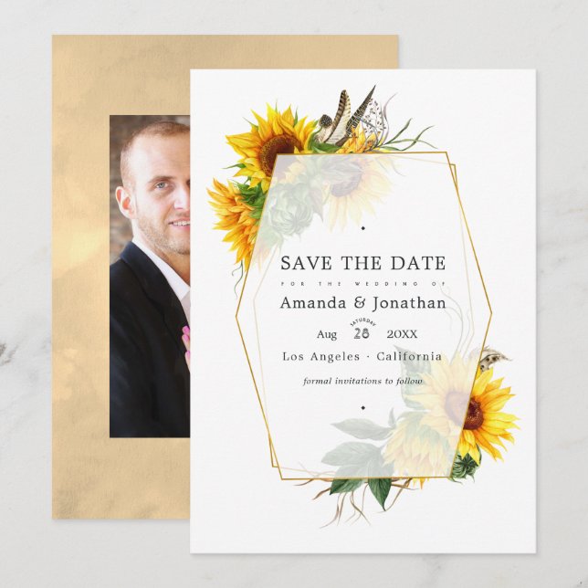 Save The Date Mariage de campagne rustique au soleil géométrique (Devant / Derrière)