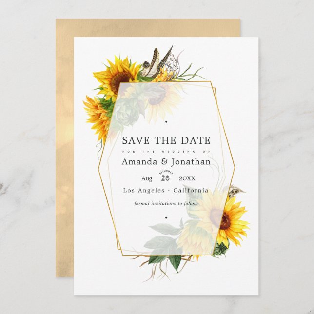 Save The Date Mariage de campagne rustique tournesol géométrique (Devant / Derrière)