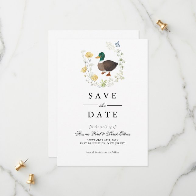 Save The Date Mariage de canard colvert aux fleurs sauvages (Devant/Arrière en situation)