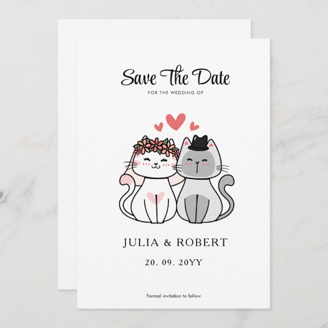 Save The Date Mariage de Chat Mignon de la Mariée et du Marié  (Devant / Derrière)
