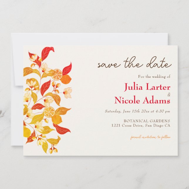 Save The Date Mariage de Citron Frais Amour Feuillage (Devant)