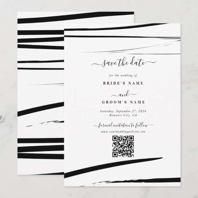 Save The Date Mariage de code QR Abstrait noir moderne (Devant / Derrière)