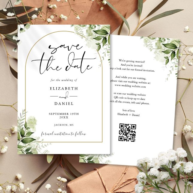 Save The Date Mariage de code QR Arch Gold de Rustic Greenery (Rustic Greenery Gold Arch QR Code Wedding Save The Date)