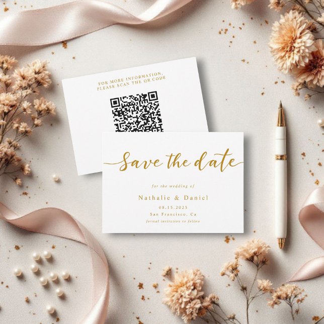 Save The Date Mariage de code QR blanc et or élégant (Créateur téléchargé)