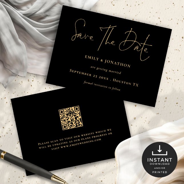 Save The Date Mariage de code QR Classy Black Gold Script (Front and Back View)