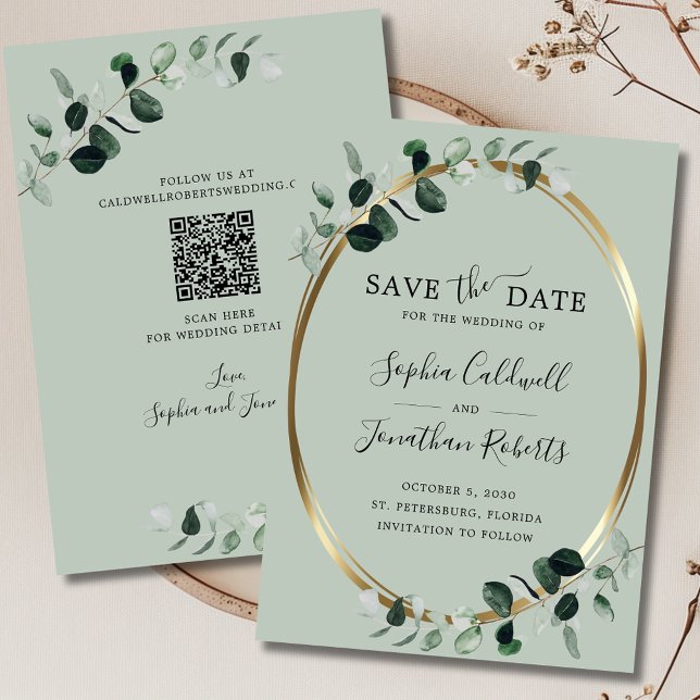 Save The Date Mariage de code QR Eucalyptus Gold Sage (Updated Eucalyptus Gold Sage Save the Date 5x7 Flat Card)