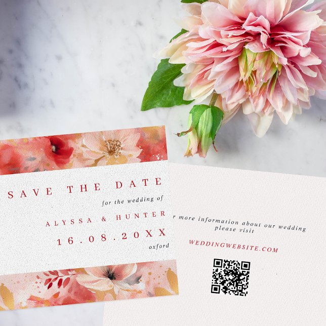 Save The Date Mariage de code QR floral rouge et rose (Créateur téléchargé)