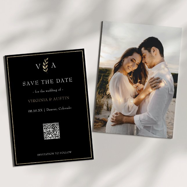 Save The Date Mariage de code QR minimal noir blanc et or (Minimal and Chic Black White & Gold Photo Back and QR Code Wedding Save The Date)