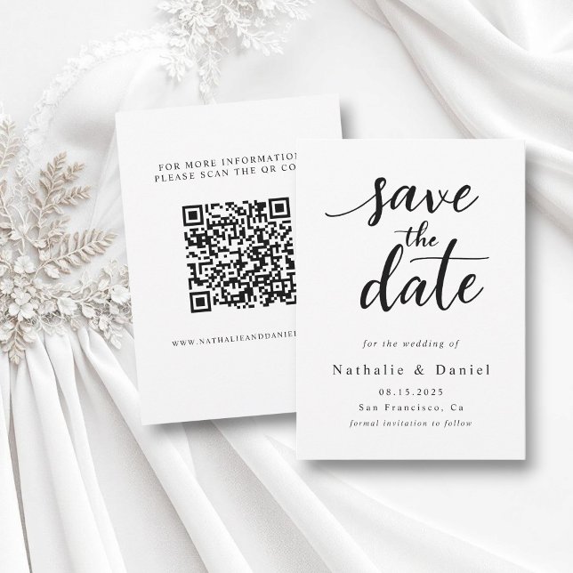 Save The Date Mariage de code QR noir et blanc de script moderne (Créateur téléchargé)