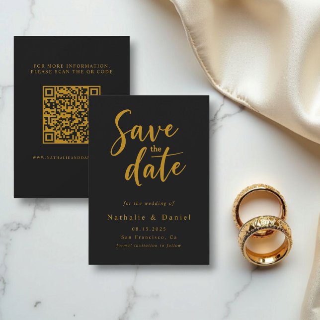 Save The Date Mariage de code QR noir et or élégant (Créateur téléchargé)