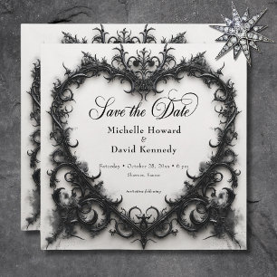Save The Date Mariage de coeur gothique noir et blanc en fibre