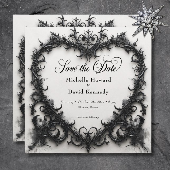 Save The Date Mariage de coeur gothique noir et blanc en fibre (Gothic Black & White Filigree Heart Wedding Save The Date)