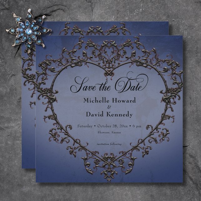 Save The Date Mariage de coeur gothique noir et bleu en fibre (Gothic Black & Blue Filigree Heart Wedding Save The Date)