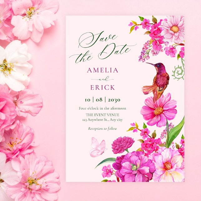Save The Date Mariage de colibri d'art de fleur rose (Créateur téléchargé)