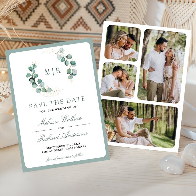 Save The Date Mariage de collage photo à monogramme d'eucalyptus (Créateur téléchargé)