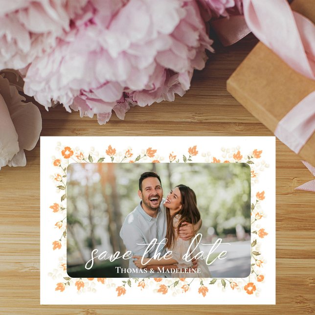 Save The Date Mariage de collection photo florale de pêche (Wedding save-the-date photo card with a scannable QR code. )