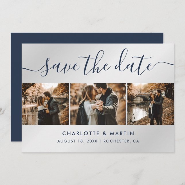 Save The Date Mariage de collection photo moderne bleu marine et (Devant / Derrière)