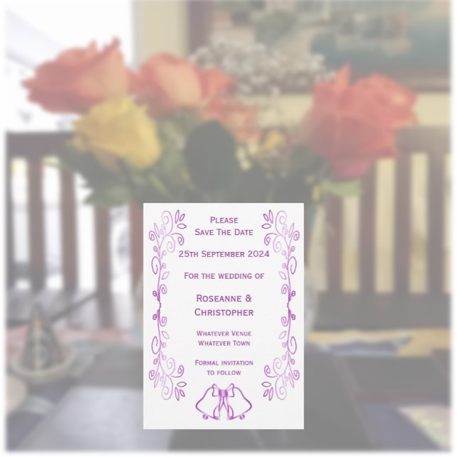 Save The Date Mariage de conception de défilement de cloches vio (Purple wedding save the date card bells and scrollwork design)