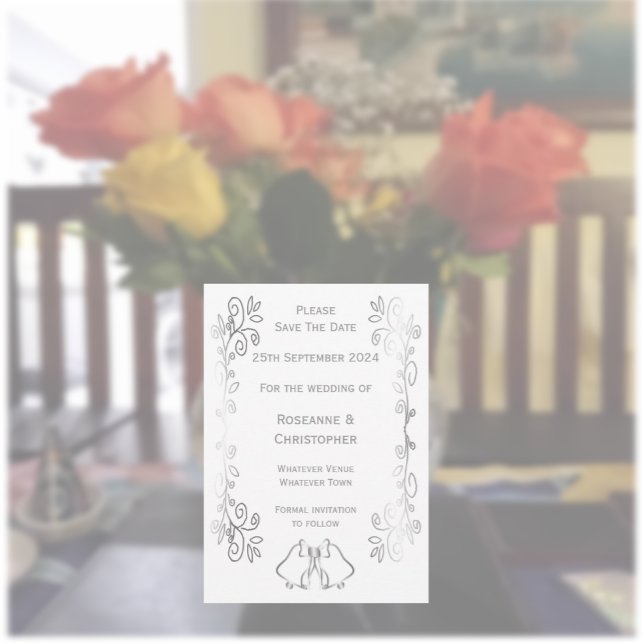 Save The Date Mariage de conception de défilement Silver Bells (Silver wedding save the date card bells and scrollwork design)