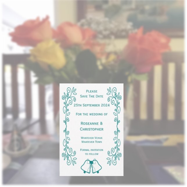 Save The Date Mariage de conception turquoise pour le défilement (Teal wedding save the date card bells and scrollwork design)