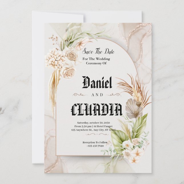 Save The Date Mariage de couleur d'eau de fleur brun et crème (Devant)