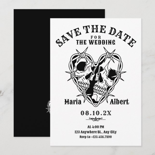 Save The Date Mariage de couple de crâne gothique noir et blanc (Devant / Derrière)