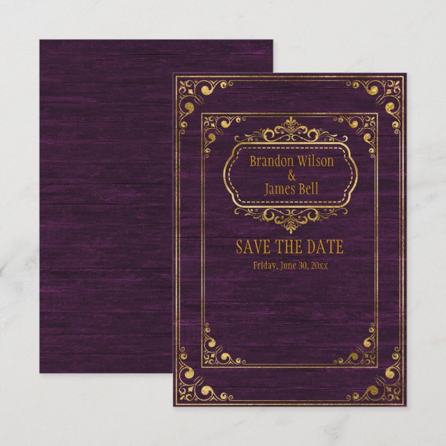 Save The Date Mariage de couple gay Barnwood violet Cadres dorés (Devant / Derrière)