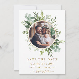 Save The Date Mariage de couronnes vertes en or botanique Photo