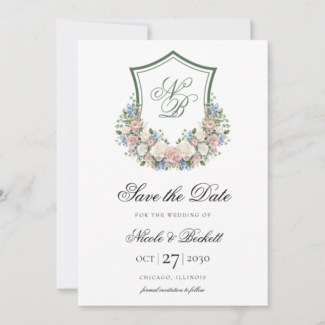 Save The Date Mariage de crête florale bleu poussiéreux (Devant)