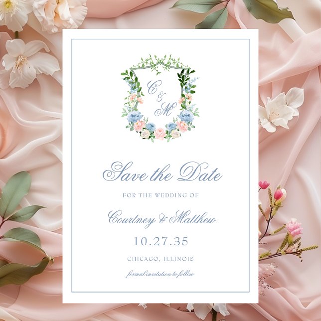 Save The Date Mariage de crête florale bleu poussiéreux (Créateur téléchargé)
