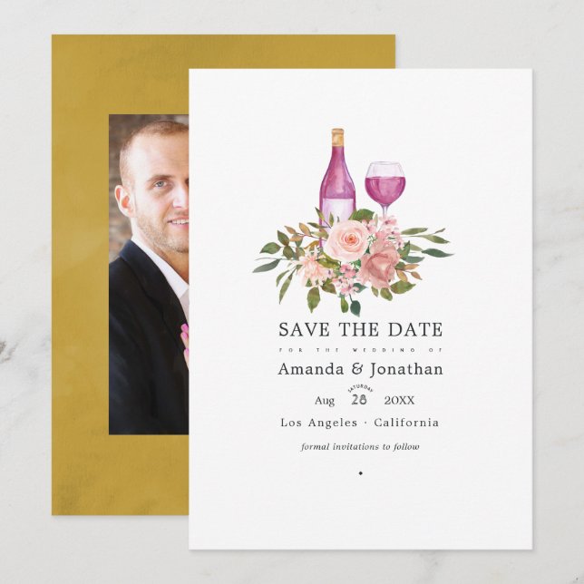 Save The Date Mariage de dégustation de vin Floral Blush et Or (Devant / Derrière)