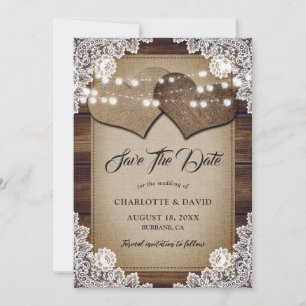Save The Date Mariage de dentelle Burlap