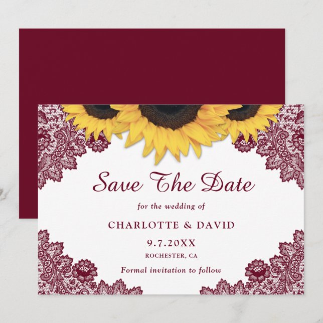 Save The Date Mariage de dentelle de tournesol rustique (Devant / Derrière)