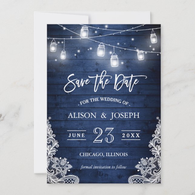 Save The Date Mariage de dentelle en bois bleu rustique (Devant)