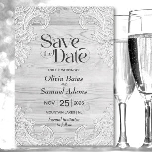 Save The Date Mariage de dentelle en bois gris rustique