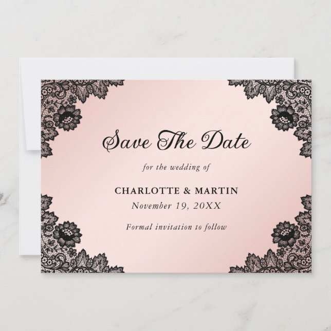 Save The Date Mariage de dentelle florale rustique noir et blanc (Devant)