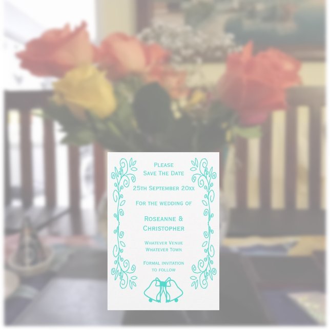 Save The Date Mariage de design de défilement de cloches turquoi (Turquoise wedding save the date card bells and scrollwork design)