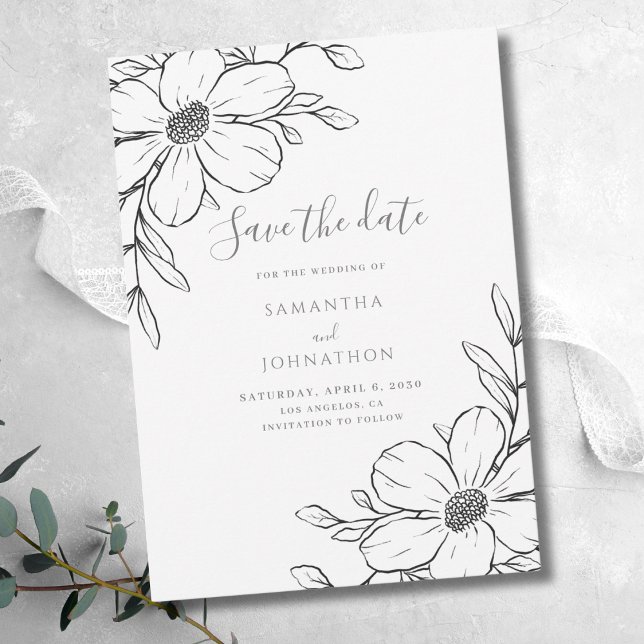 Save The Date Mariage de dessin de ligne Florale blanche noire (Créateur téléchargé)