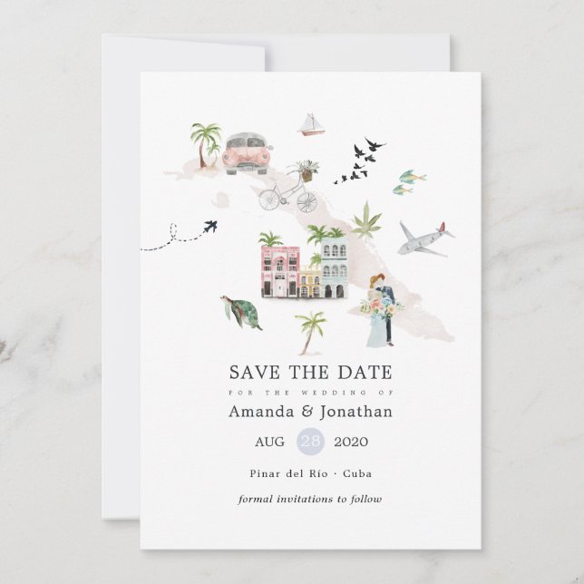 Save The Date Mariage de destination à Cuba à l'aquarelle (Devant)