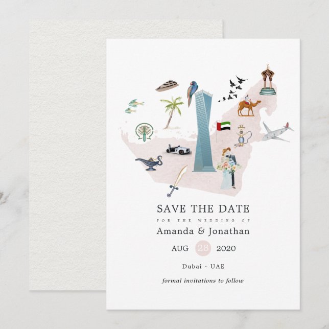 Save The Date Mariage de destination à Dubaï UAE à l'aquarelle (Devant / Derrière)