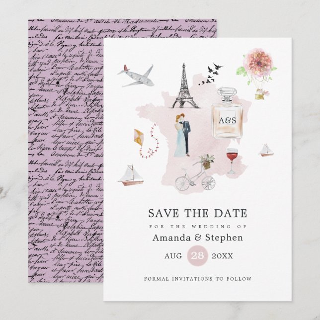 Save The Date Mariage de destination à Paris en aquarelle Monogr (Devant / Derrière)