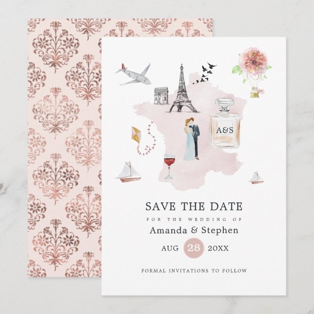 Save The Date Mariage de destination à Paris Rose Gold et Rose P (Devant / Derrière)