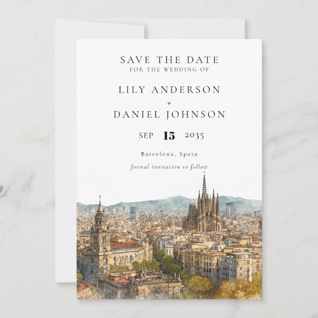 Save The Date Mariage de destination aquarelle à Barcelone (Devant)
