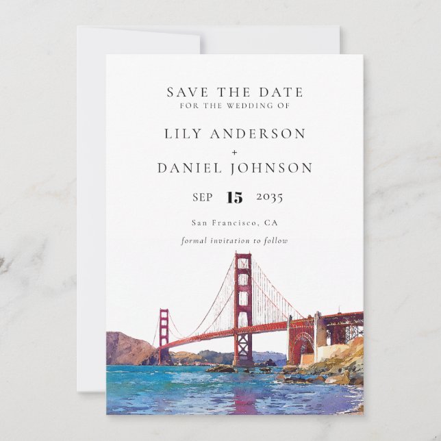Save The Date Mariage de destination aquarelle à San Francisco (Devant)