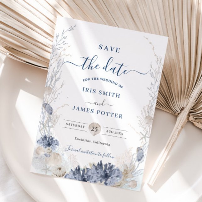 Save The Date Mariage de destination dans une station balnéaire  (boho chic beach wedding save the date cards pastel soft blue corals reefs shells oceanfront resort)